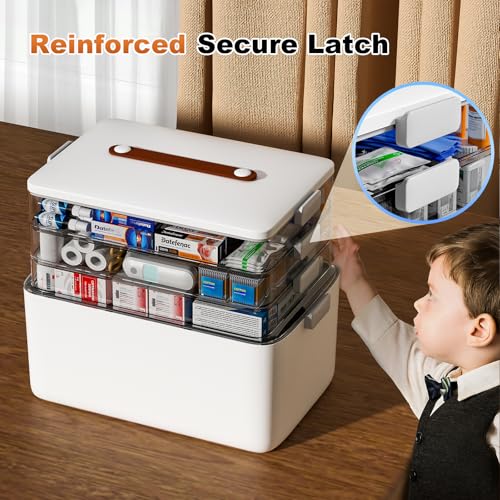 4- Tier Medicine Storage Box Organizer Portable First Aid kit Box Sewing, Art, Craft with Handle, Multipurpose Medical Supply Organizer with Removable Tray