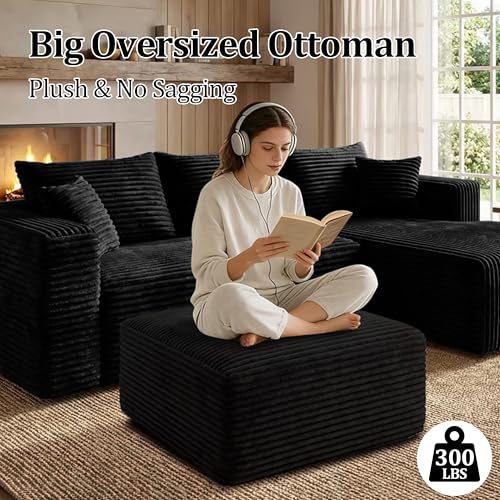 Corduroy Ottoman, Modern Boneless Cloud Foot Rest Foam Support, Oversized Modular Sectional Sofa Stool for Living Room, Bedroom & Small Spaces, No Assembly Required (Black, Ottoman)