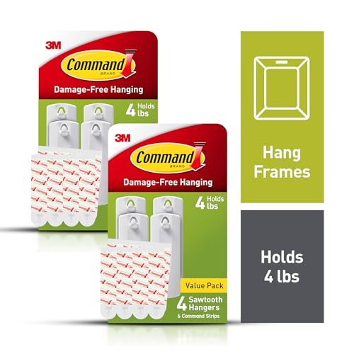 Command Sawtooth Picture Hangers, Damage Free Hanging Frame Hangers, No Tools Wall Hooks for Hanging Sawtooth Frames in Living Spaces, 8 White Picture Frame Hangers and 16 Command Strips