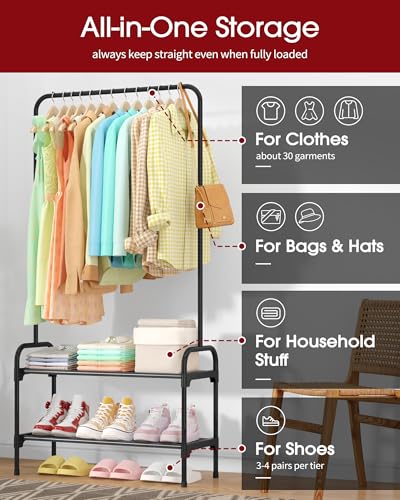 Sakugi Clothes Rack - 29.3" × 12.5" × 59.6" Clothing Rack and Shoe Rack with Anti-Slip Stopper, Large Capacity Rack with 2-Tier Shoe Organizer, Clothes Organizer for Bedroom, Entrance, Laundry, Black