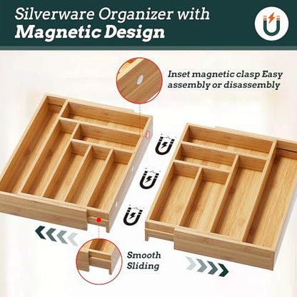 Silverware Organizer Large, Magnetic Connected Expandable 13 Slots Silverware Drawer Organizer From 21 to 37.4 Inches, Adjustable Flatware and Cutlery Holder, Bamboo Utensil Tray for Kitchen Natural