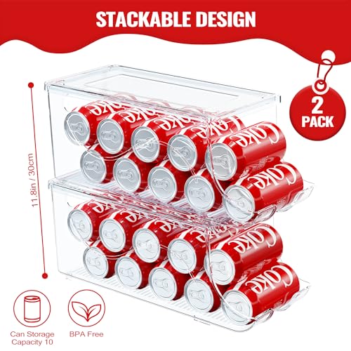 SCAVATA 2 Pack Stackable Refrigerator Organizer, Soda Can Dispenser Pop Cans Container Beverage Holder with Lid for Fridge, Freezer, Kitchen, Clear Plastic Storage Bins-Holds 10 Cans Each