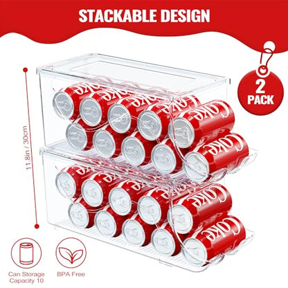 SCAVATA 2 Pack Stackable Refrigerator Organizer, Soda Can Dispenser Pop Cans Container Beverage Holder with Lid for Fridge, Freezer, Kitchen, Clear Plastic Storage Bins-Holds 10 Cans Each