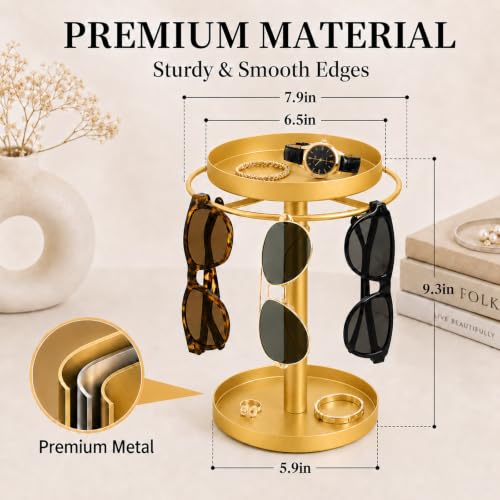 360° Rotating Sunglasses Organizer, 2-Tier with Jewelry Tray & Storage Base | Stainless Steel Glass Holder Stand, sunglasses storage for Multiple Sunglasses,Watches,Rings, Keys, Dresser, Desk, Nightstand