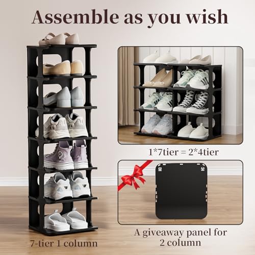HAIXIN 7-Tier Narrow Vertical Shoe Rack, Skinny Shoe Tower for Closet | Space-Saving Storage, Stackable Modular Design, Easy Assembly, 7 Tiers or Two 4-Tier Shelves, Shoe Cubby for Small Shoe Size