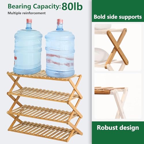 4 Tier Bamboo Shoe Rack,Portable Folding Shoe Storage Rack,Without Installation Small Shoe Rack Perfect for Corridors, Bedrooms and Small Spaces (4 Tier)