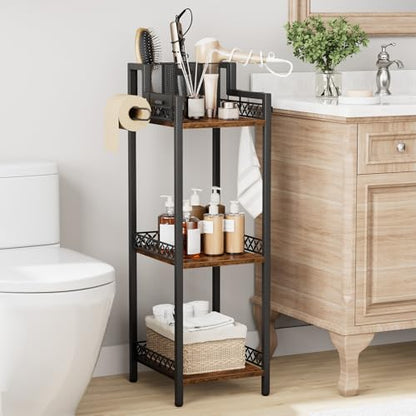 Bathroom Storage and Organizer Shelf Hair Dryer Holder, 9.85in | 3-Tier Narrow Metal Standing Rack with Toilet Paper Holder,Makeup Stand for Cosmetic, Vanity, Kitchen, Laundry Rustic Brown