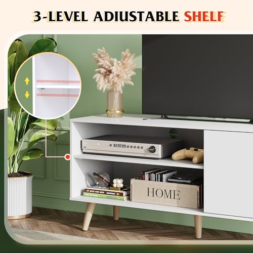 WLIVE TV Stand for 55 Inch TVs, Entertainment Center with Storage Cabinet, Mid-Century TV Stands for Living Room and Bedroom, 50" TV Console, White
