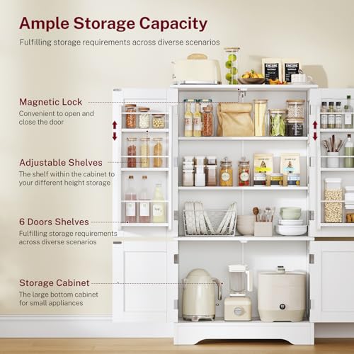 43'H Pantry Cabinet with 4 Doors, Kitchen Cabinet with 6 Door Shelves, Storage Cabinet-Kitchen Pantry for Living Room, Dining Room, Bathroom, White