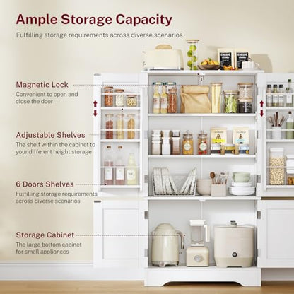 43'H Pantry Cabinet with 4 Doors, Kitchen Cabinet with 6 Door Shelves, Storage Cabinet-Kitchen Pantry for Living Room, Dining Room, Bathroom, White