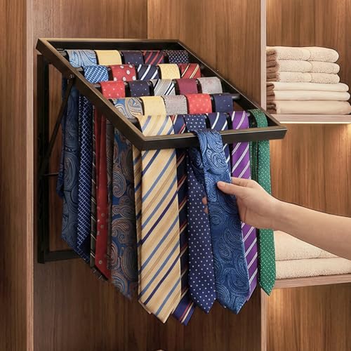 Wall Mounted Tie Rack Organizer, Metal Tie Rack Holds Up to 58 Ties, Adjustable Angle Tie Holder for Closet ,Tie Organizer Wall Mounted, Suitable for Ties, Scarves and Belts Organization (Black)