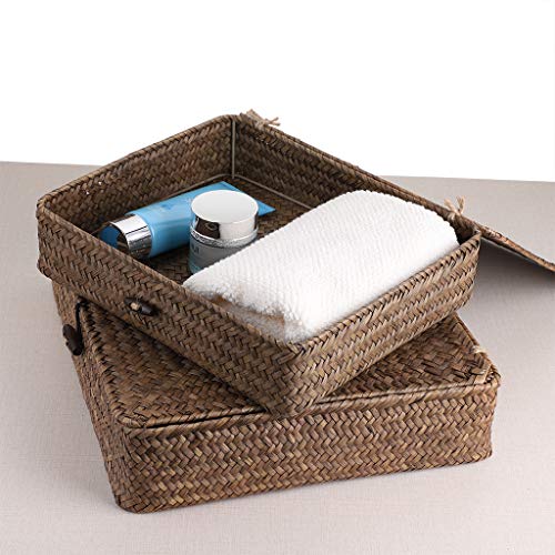 Hipiwe Set of 2 Flat Woven Wicker Storage Bins with Lid Seagrass Basket | Natural Decorative Baskets Multipurpose Home Boxes for Shelf Organizer Home Decor (Coffee)