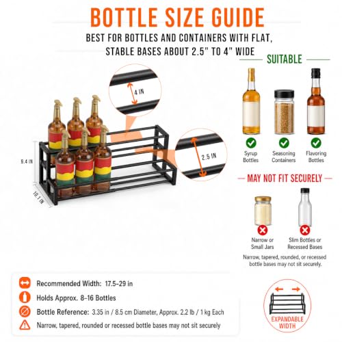 Large Expandable Coffee Syrup Organizer, Syrup Rack for 8-16 Bottles | 17.5 to 29 Inch Adjustable Width, Heavy-Duty Metal Syrup Stand, Countertop Coffee Bar Organizer for Kitchen, Cafe & Home Bar