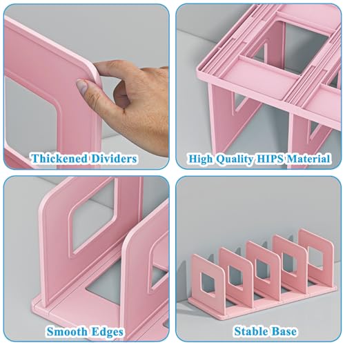 SAYEEC Desk File Sorter Vertical Desktop File Folder Organizer 4 Section Plastic Book Holder Adjustable Shelf Dividers Closet Purse Handbag Mail Binder Organizer Magazine Rack Stand Bookshelf (Pink)
