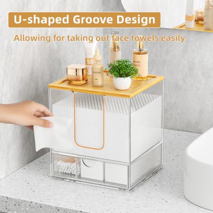 VITVITI Disposable Face Towel Holder for Clean Skin Club, Acrylic Bamboo Facial Towel Holder Box with Drawer, 50 XL Face Towels Container for Bathroom Vanity Makeup, Clear
