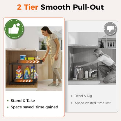 3-Pack 2-Tier Under Sink Organizers with Sliding Drawers | Multi-use kitchen & bathroom storage, 14.8 inch 2-Tier Sliding cabinet organizer, space-saving sliding drawer design.