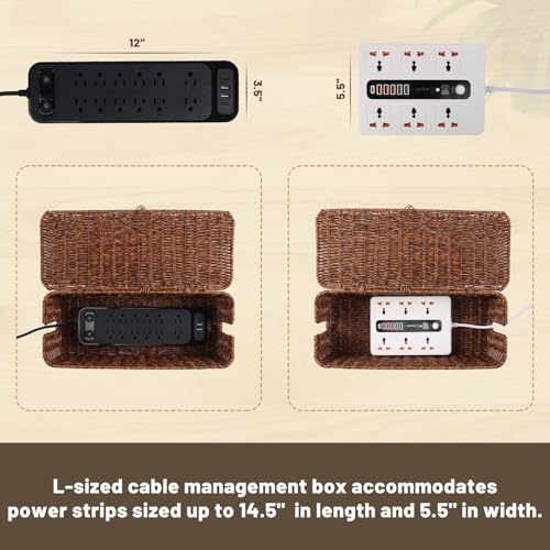 BROWNLILY Cable Management Box, Rattan Style Cord Organizer for Desk Cord Hider Outlet Covers for Power Strip TV PC Router Charger Under Desk Storage with Lockable Lid and Cable Ties