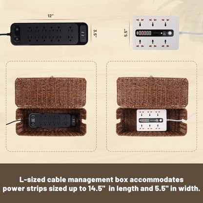BROWNLILY Cable Management Box, Rattan Style Cord Organizer for Desk Cord Hider Outlet Covers for Power Strip TV PC Router Charger Under Desk Storage with Lockable Lid and Cable Ties