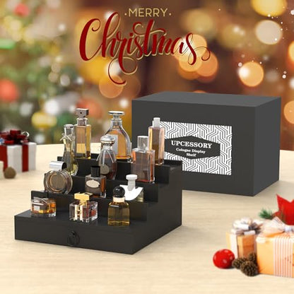upcessory Cologne Organizer for Men 4 Tier Black Wood Perfume Organizer | with Felt Lining Drawer and Hidden Compartment, Perfume Display Holder, A Gift for Men