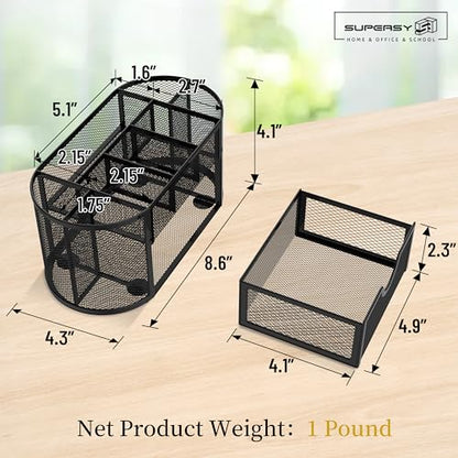 Mesh Desk Organizer with Drawer, 9-Compartment Pen Holder for Desk, Black | Pull-Out Drawer Stores Pens, Pencils, Clips, Notes, and Small Office or School Supplies in One Compact Desk Caddy