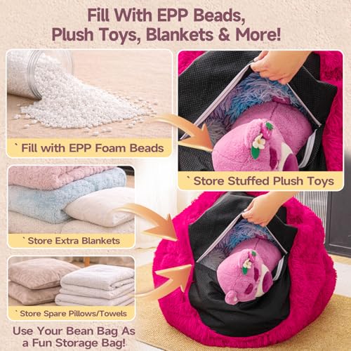 Hot Pink fluffy bean bag chair covers (No Filler), comfy Plush Hot Pink bean bag chair Cover for bedroom, stuffed animal Storage, kids adults teens girls bean bag chairs, Anti-Slip