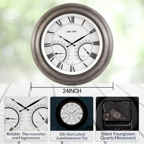 24 Inch Outdoor Clocks Waterproof,Large Outdoor Wall Clocks for Garden Patio Pool, Modern Lighted Metal Clock Battery Operated with Thermometer&Hygrometer, Gray Oak Wooden Non Ticking