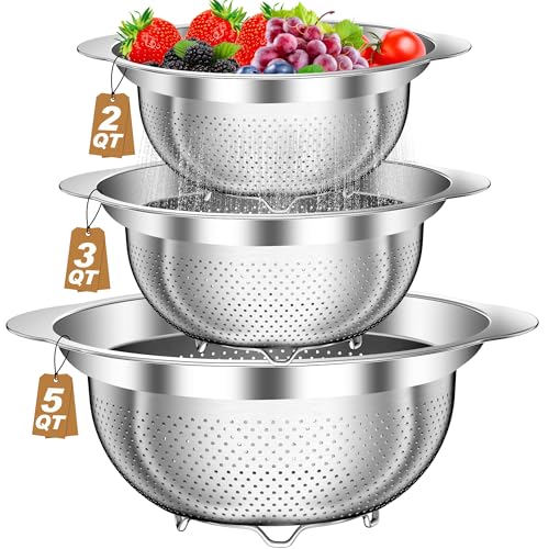 Colander, Stainless Steel Colander for Kitchen, 3P... (Silver | Stainless Steel)