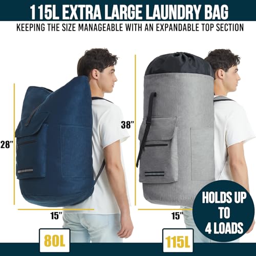 Laundry Backpack Bag, 115L Extra Large Laundry Bag with Straps, Heavy Duty Laundry Backpack with 4 Pockets, Sturdy College Backpack Laundry Bags, XL Laundromat Bags for College Dorm Room, Apartment