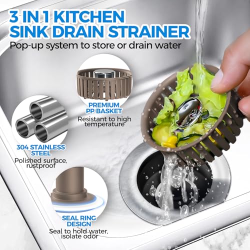 3 in 1 Kitchen Sink Drain Strainer Stopper Removable Basket Pop-Up | Kitchen Sink Accessories 1 Pack Brown Stainless - Food Catcher, Odor-Blocking Seal, Fits 3.5" Drain, Easy Clean