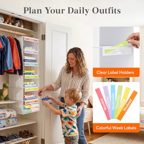 Lifewit 6 Shelf Weekly Hanging Clothes Storage Organizer for Kids, White | Closet Storage with Color Labels for School Outfits, Daily Clothing Divider with Days of The Week Monday to Friday Weekend