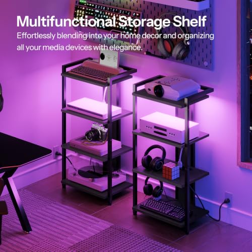 HOOBRO Game Console Shelf, 4-Tier Video Gaming Consoles Stand with Outlet & RGB Light, Audio Rack Tower for Turntable, Stereo Equipment, Wooden Entertainment Storage Stand, Black BB38UDCJ01