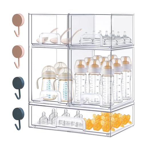 Baby Bottle Organizer with Hooks - 5 Pack Stackable Storage Drawer | Baby Bottle Organizers and Storage, Clear Acrylic Multipurpose Bottle Storage for Countertop