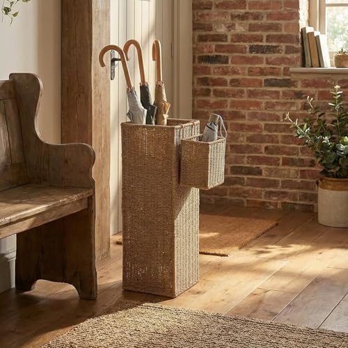Rattan Umbrella Stand with Drip Tray,Umbrella Holder with Small Basket for Entryway, Tall Wicker Basket for Storage, Woven Organizer for Inoor, Outdoor, Home, Office, Hotel