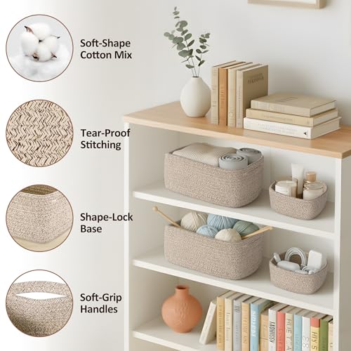 5-Pack Small Woven Rope Storage Baskets, 2 Sizes Organizer Bins | Fabric Cube Boxes and Rectangular Shallow Bins for Closet, Shelf, Bookshelf, Nursery, Changing Table, Bathroom, Toys & Home