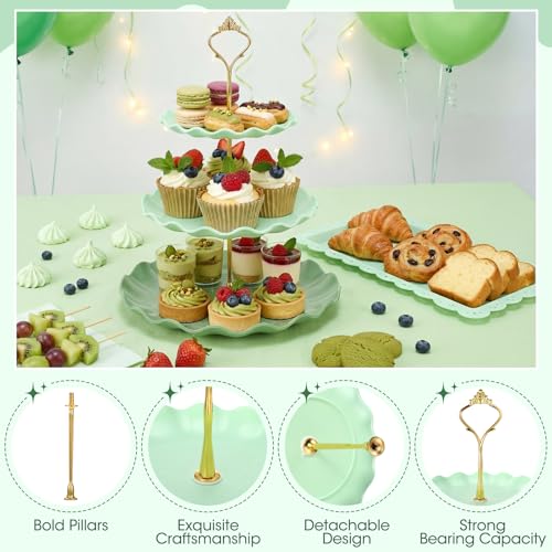 FoldTier 6 Pack Cupcake Stand Set 3 Pcs 3 Tier Gradient Dessert Table Display Stands Cookie Tray Rack 3 X14 in Rectangle Party Trays for Wedding Birthday Tea Party Baby Shower(Green,Round)