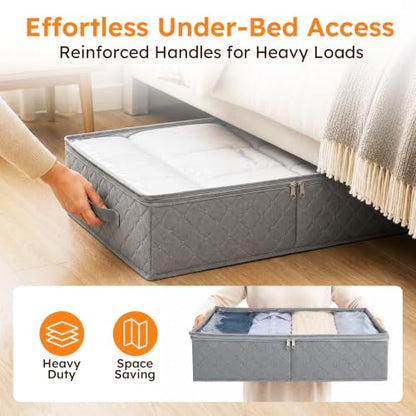 LotFancy Under Bed Storage Bags with Clear Window & Handles, 24” x 16” x 6" | Foldable Closet Organizers, Clothes Blankets Container, Space-saving Storage Bins, with Cardboard Support, Pack of 2, Gray