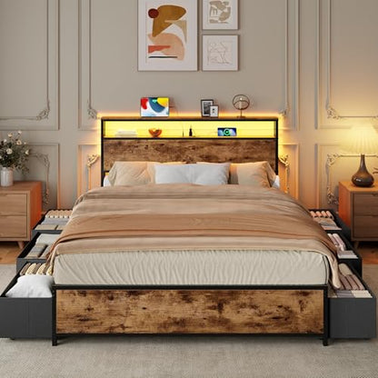 Forestell Queen Bed Frame with 2-Tier Storage Headboard & 6 Drawers