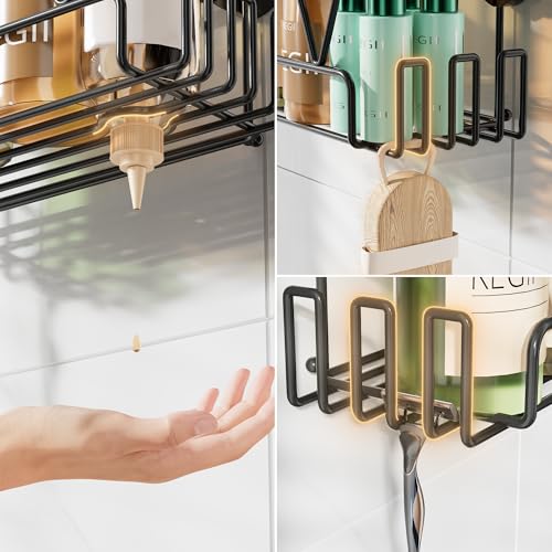 KEGII Suction Cup Shower Caddy with Hooks, No Drill Bathroom Organizer | Large Capacity Stainless Steel Shelf, Heavy Duty Hold for Shampoo and Body Wash on Smooth Surfaces, Black