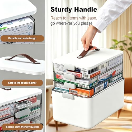 MOPUP 4-Tier Medicine Craft,Sewing,Art,Organizer Storage,Portable Latch Bin with Lid and Leather Handle,Pill Bottle, First Aid,Multipurpose Organizer with Removable Tray,A Household Essential
