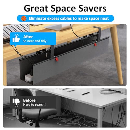 Under Desk Cable Management Tray - Under Desk Cord Management - Clamp/Screw Mount - Fabric Wire Management - Cable Raceways Tray Cord Hiders for Office/Home (Black, 35.8"×5.6")