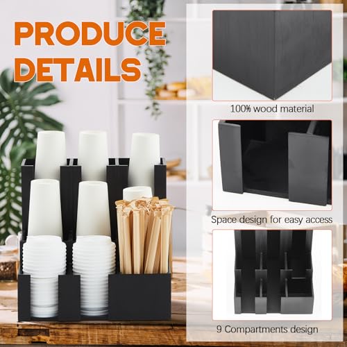 CroBlissful Wooden Vertical Coffee cup and lid dispenser, coffee condiment organizer, 9 Compartment for Disposable Paper & Plastic Cup, for cabinet Station Home Countertop Bar 13''l x 13''w x 12''h