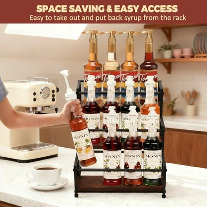 Coffee Syrup Rack Organizer, 3-Tier | Metal Bottle Holder, Holds 12 Bottles, Rustic Countertop Display Shelf, For Coffee Bar, Kitchen Cabinet, Pantry