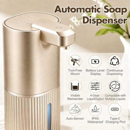 Automatic Soap Dispenser, Foaming Soap Dispenser Touchless with Continuous Dispensing, 4-Level Adjustable, Rechargeable Hand Soap Dispensers, Wall Mounted or Countertop for Bathroom & Kitchen