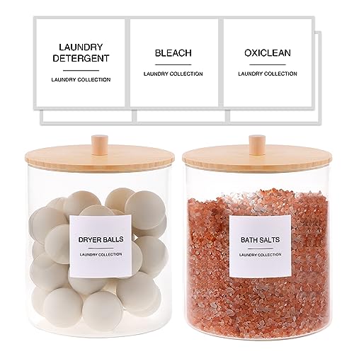 Glass Jars for Laundry Room Organization, Laundry Pods Container with 27 Labels, Detergent Holder with Bamboo Lid, Cute Storage Jars (Set of 1)