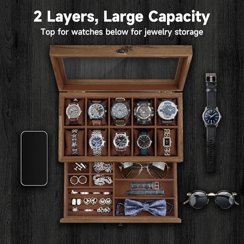 Watch Box with 10 Slots, 2-Tier Watch Case for Large Dial Watches, Watch Display Case with Lid, Removable Watch Pillows, Gifts for Men Women, Watch Organizer with Drawer, Jewelry Box, Walnut