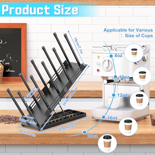 Coffee Cup and Lid Holder, 4 Compartment Metal Cup Dispenser, Black | Adjustable height, Easy to access, Space-Saving Storage, Countertop Organizer for Coffee Bar Station Home Office Breakroom