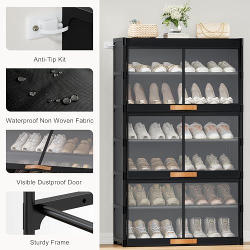 7 Tier Shoe Cabinet with Doors, 24-Pair Storage, Black | Tall design saves floor space. Transparent doors for quick find. Adjustable layers for boots. Waterproof & easy wipe.