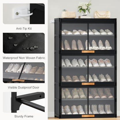 7 Tier Shoe Cabinet with Doors, 24-Pair Storage, Black | Tall design saves floor space. Transparent doors for quick find. Adjustable layers for boots. Waterproof & easy wipe.