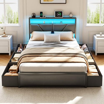 Full Size Bed Frame with Storage Headboard, 6 Drawers, LED&Charging