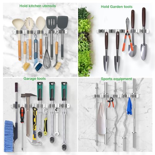voze 5 Racks and 4 Hooks Mop and Broom Holder Wall Mount, Self Adhesive Heavy Duty Broom Hanger Organizer Storage Tool Racks for Kitchen Garden Laundry Garage